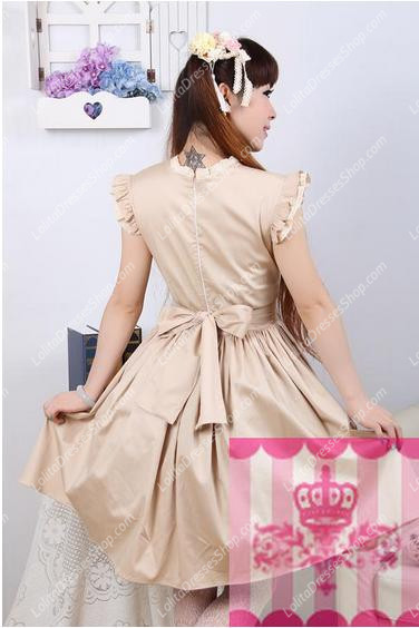 Simple Khaki Cotton Square Neck Flounced Sweet Lolita Dress