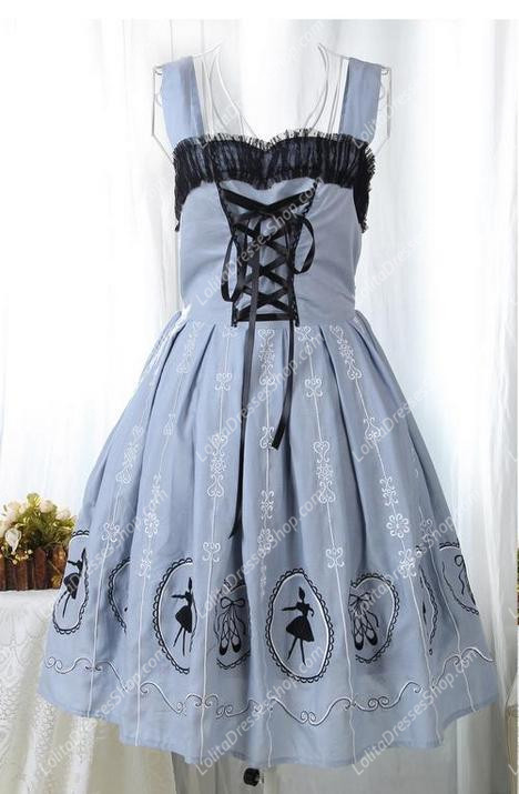 Light Gray Straps Ballet Printing Embroidery Sweet Lolita Dress