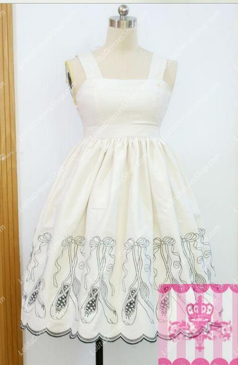 White Cotton Square Neck Sleeveless Princess Ballet Slippers Sweet Lolita Dress