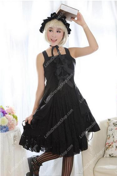 Vintage Black Straps Sleeveless Lace Trim Sweet Lolita Dress