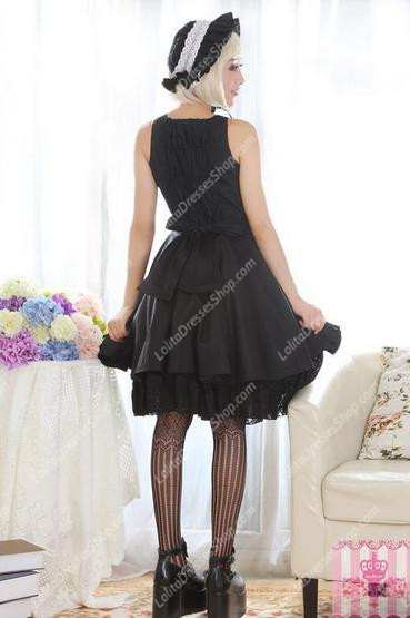 Vintage Black Straps Sleeveless Lace Trim Sweet Lolita Dress