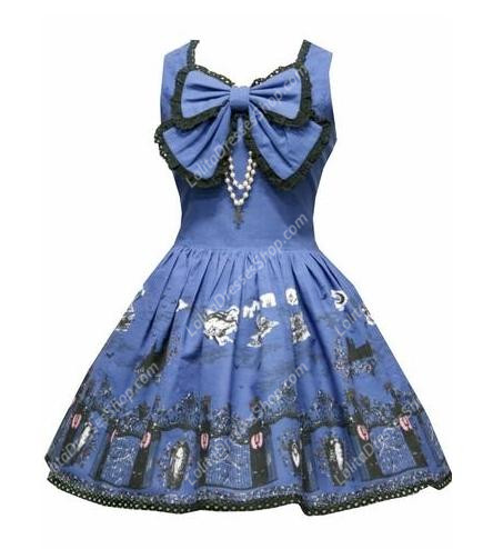 Navy Blue Sleeveless Print Sweet Lolita Dress