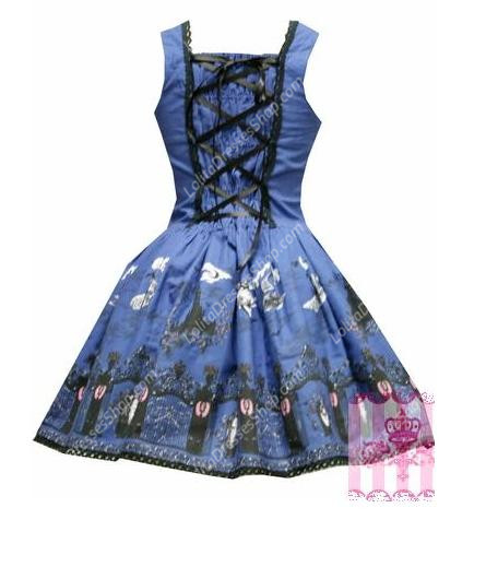 Navy Blue Sleeveless Print Sweet Lolita Dress