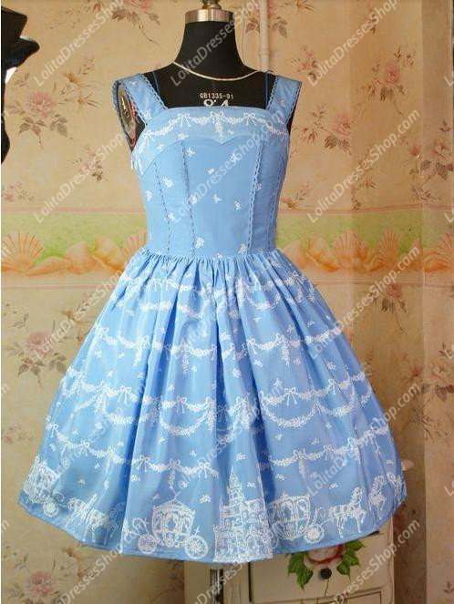 Blue Snow Castle Printing Sleeveless Sweet Lolita Dress