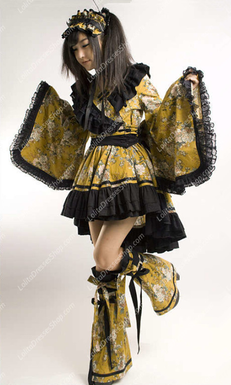 Cute Yellow and Black Printing Fold Kimono