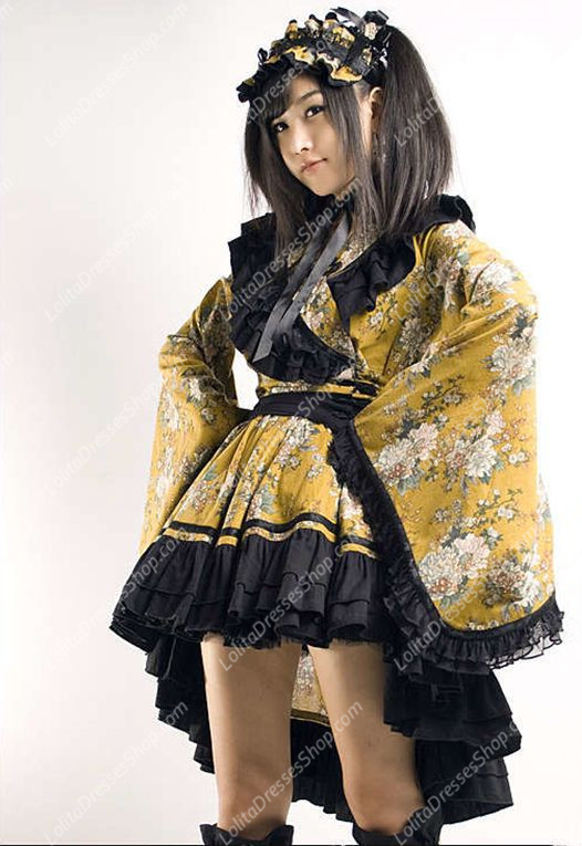 Cute Yellow and Black Printing Fold Kimono