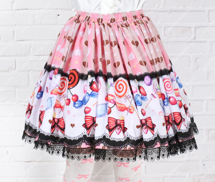 Sweet Fairy Tale Pink Lollipops with Black Lace Lolita Skirt
