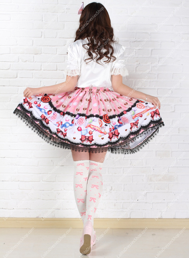 Sweet Fairy Tale Pink Lollipops with Black Lace Lolita Skirt