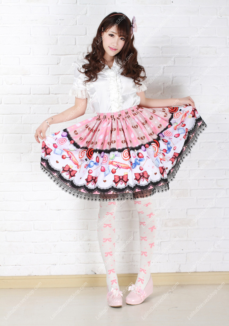 Sweet Fairy Tale Pink Lollipops with Black Lace Lolita Skirt