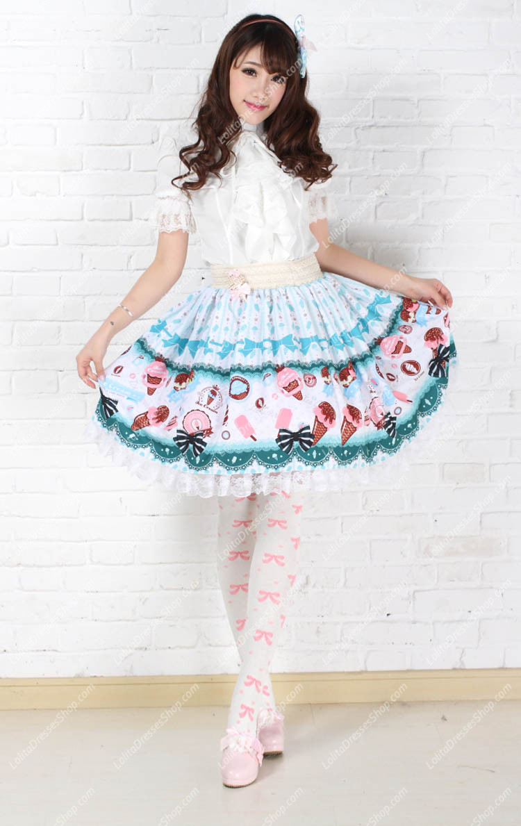 Lovely Light Blue Vanilla Ice Cream Printing Lace Lolita Skirt