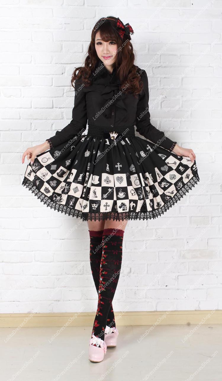 Lovely Girls Alice Chess Black Lattice Printing Lolita Skirt