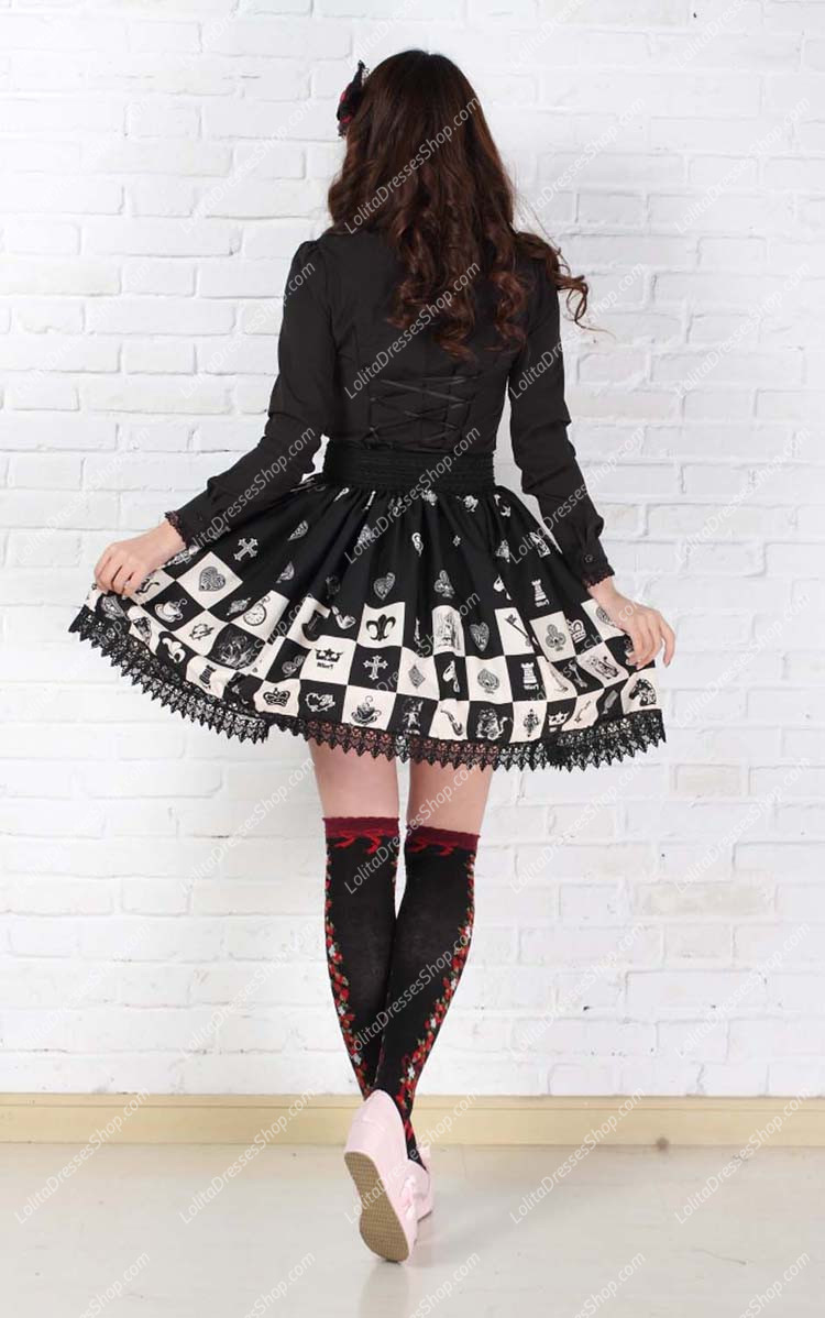 Lovely Girls Alice Chess Black Lattice Printing Lolita Skirt