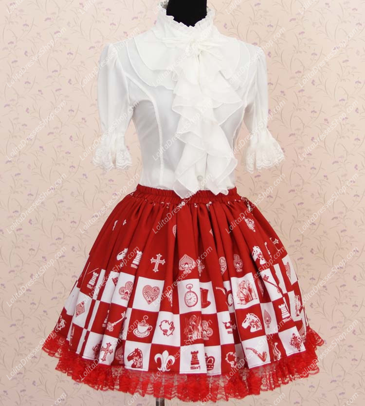 Lovely Girls Alice Chess Red Lattice Printing Lolita Skirt