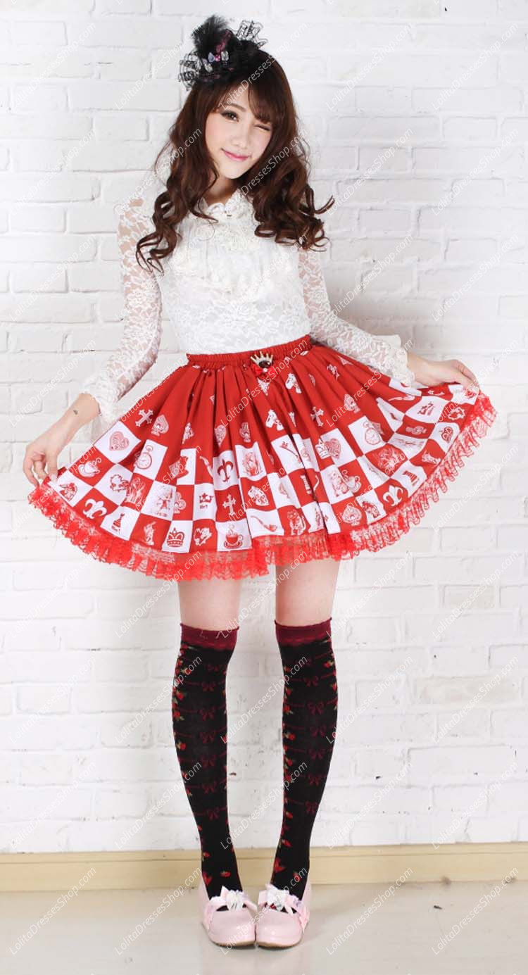 Lovely Girls Alice Chess Red Lattice Printing Lolita Skirt