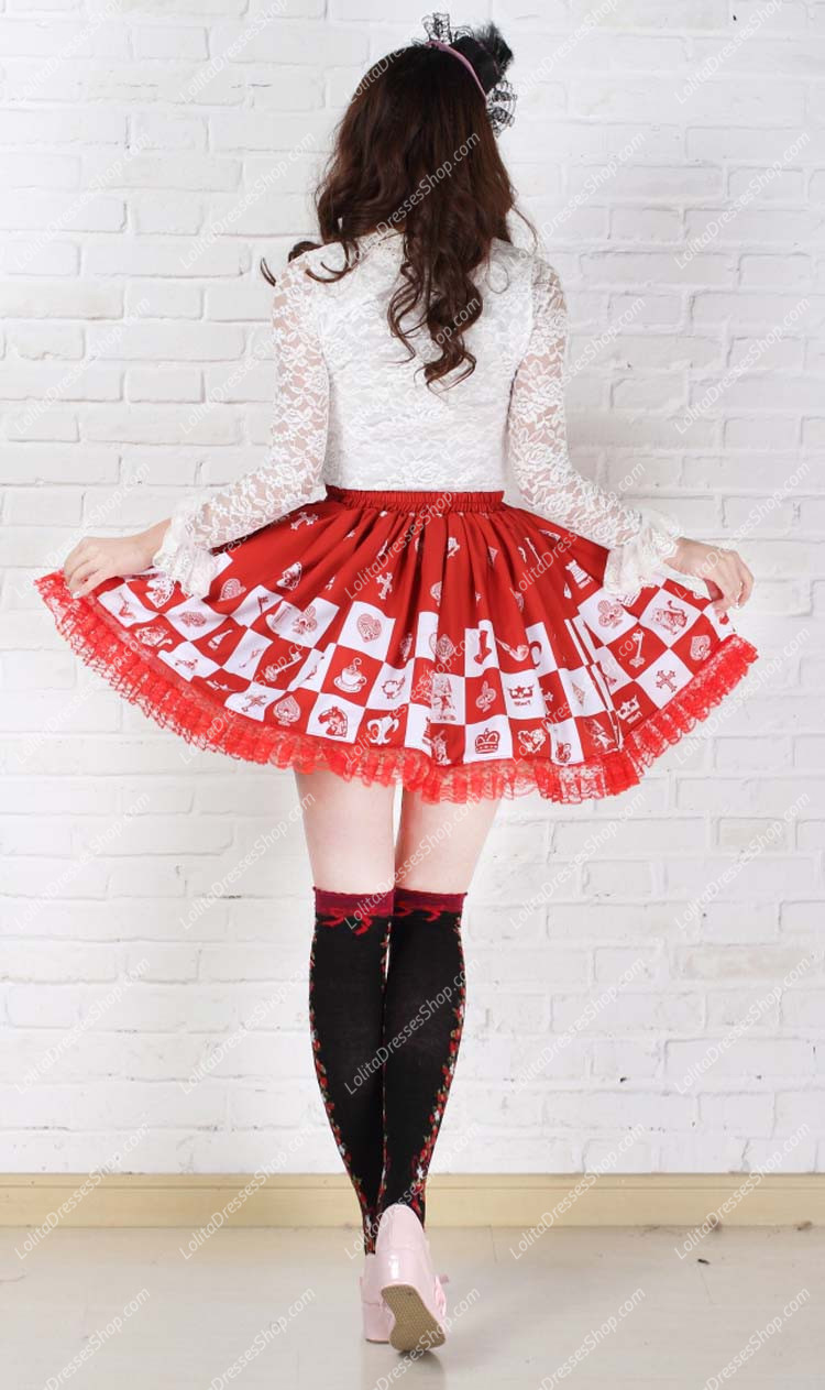 Lovely Girls Alice Chess Red Lattice Printing Lolita Skirt