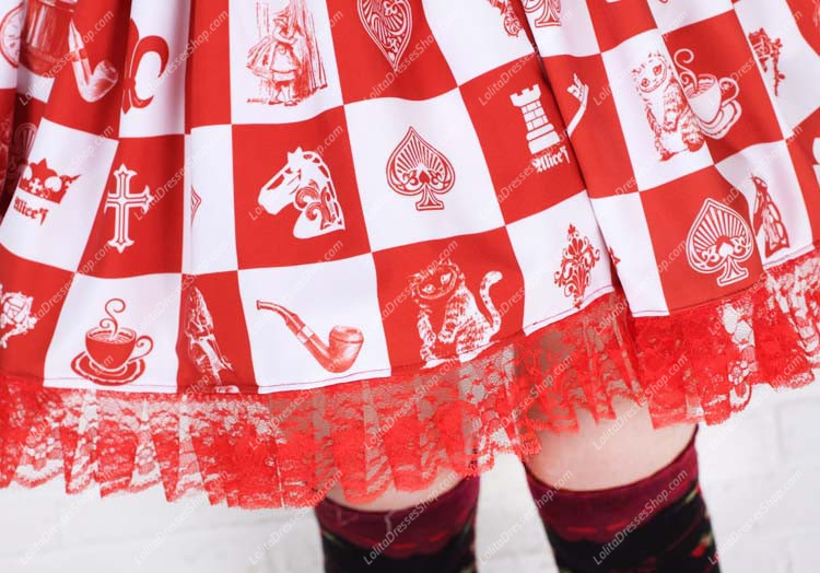 Lovely Girls Alice Chess Red Lattice Printing Lolita Skirt