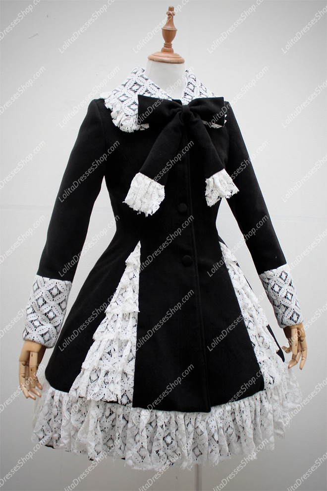 Black Wool Blended with White Lace Hem Long Sleeves Lolita Coat