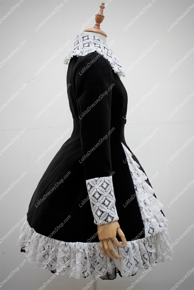 Black Wool Blended with White Lace Hem Long Sleeves Lolita Coat