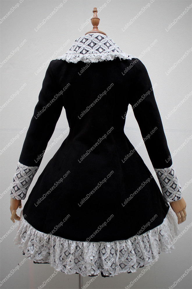 Black Wool Blended with White Lace Hem Long Sleeves Lolita Coat