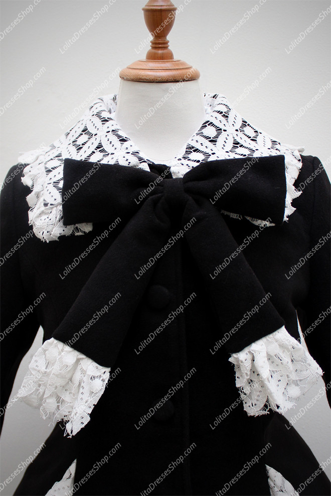 Black Wool Blended with White Lace Hem Long Sleeves Lolita Coat