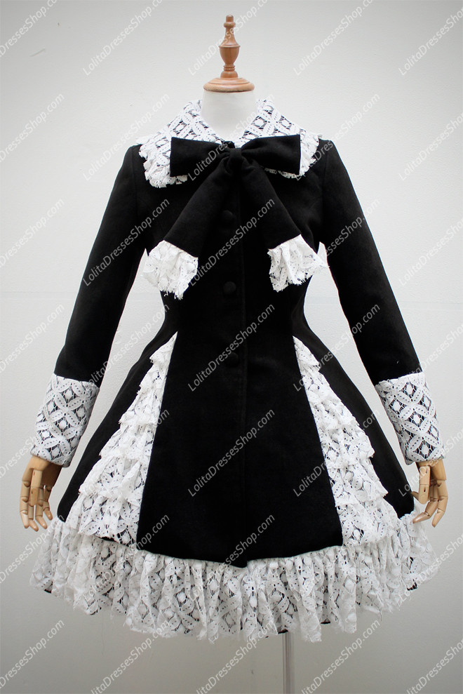 Black Wool Blended with White Lace Hem Long Sleeves Lolita Coat