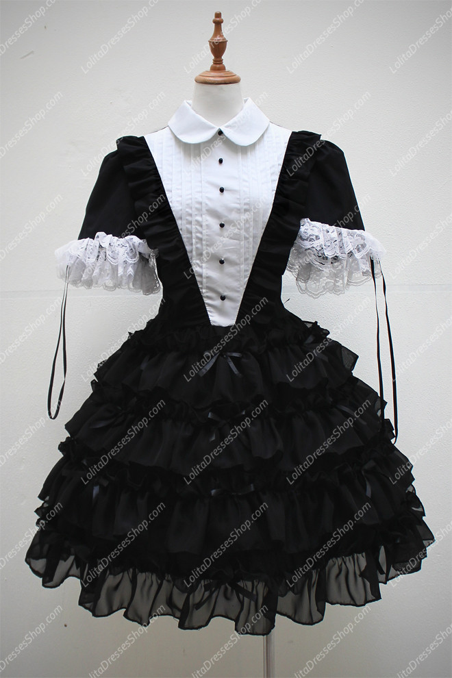 Black with White V-pattern Design Cotton Splicing Sweet Lolita Dress