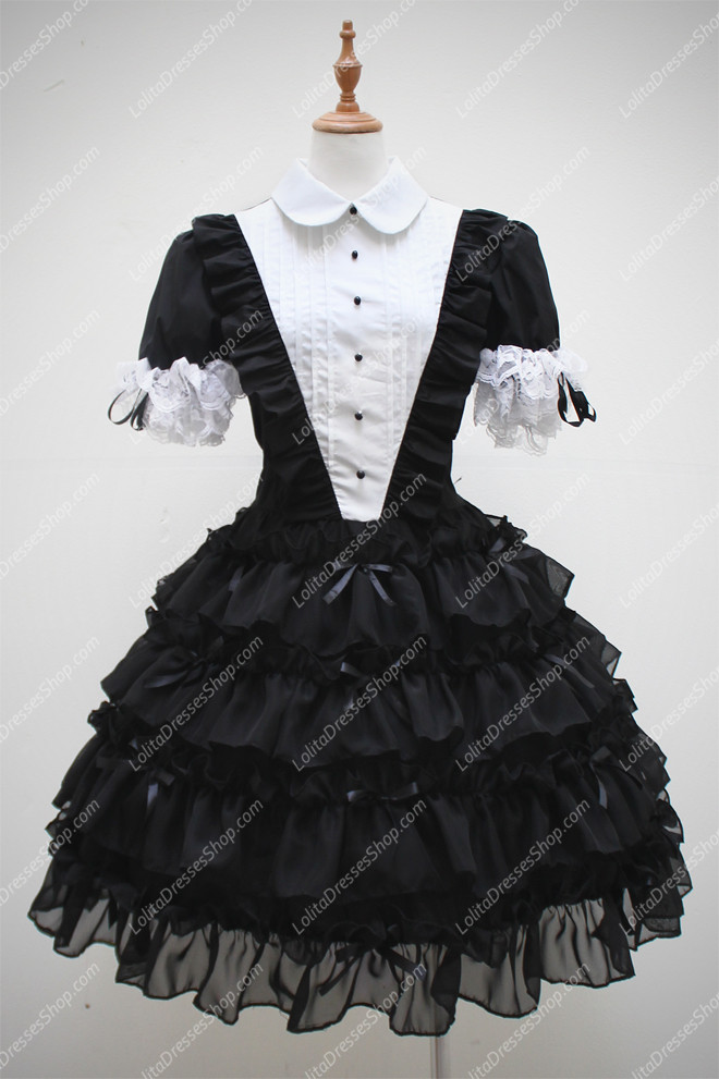 Black with White V-pattern Design Cotton Splicing Sweet Lolita Dress