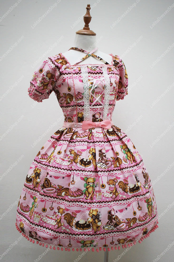 Pink Cotton Square Neck Short Sleeves Bear Printing Sweet Lolita Dress