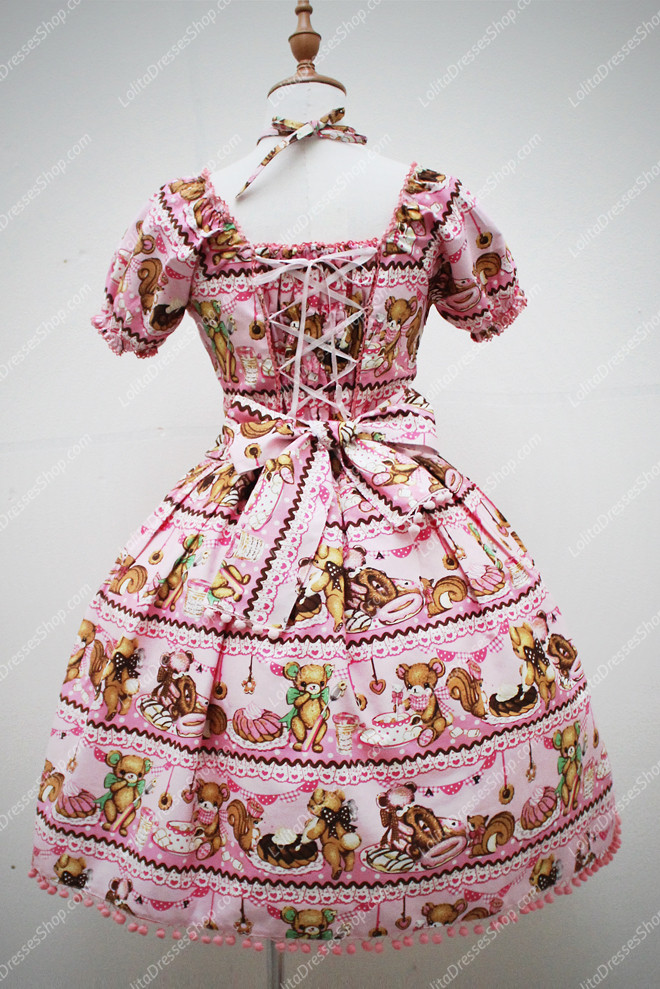 Pink Cotton Square Neck Short Sleeves Bear Printing Sweet Lolita Dress
