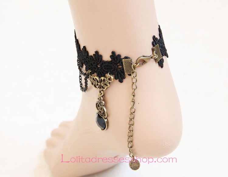 Lolita Gothic Palace Retro Peach Heart Black Lace Foot Jewelry