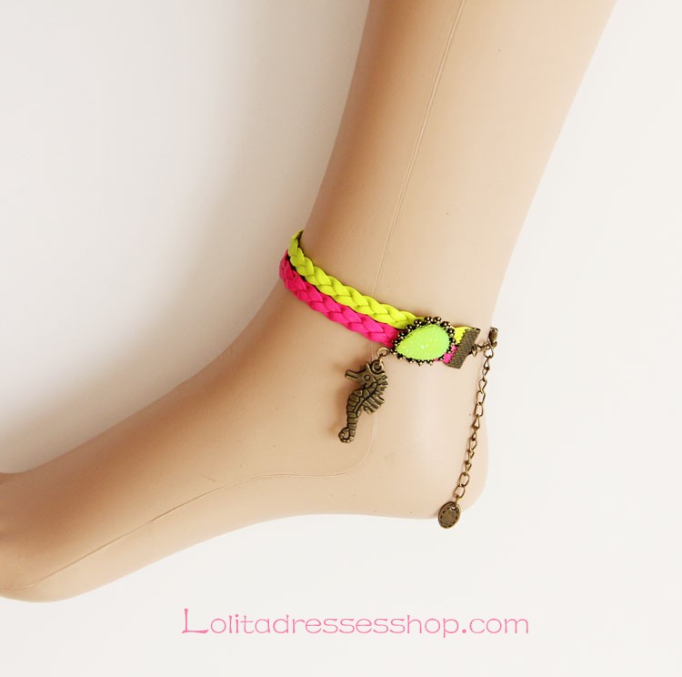Lolita Leisure Yellow Red Braided Rope Gem Hippocampus Foot Jewelry