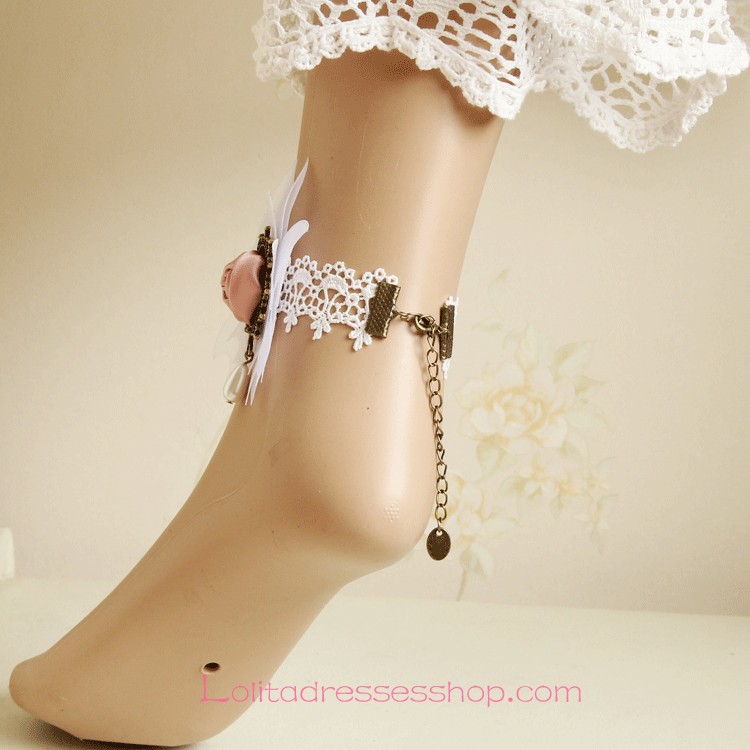 Lolita Cherry Rose Pearl White Lace Foot Jewelry