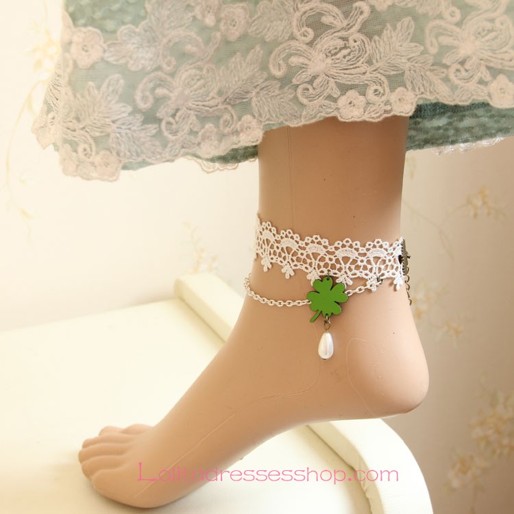 Lolita Clover Pearl Vintage White Lace Foot Jewelry