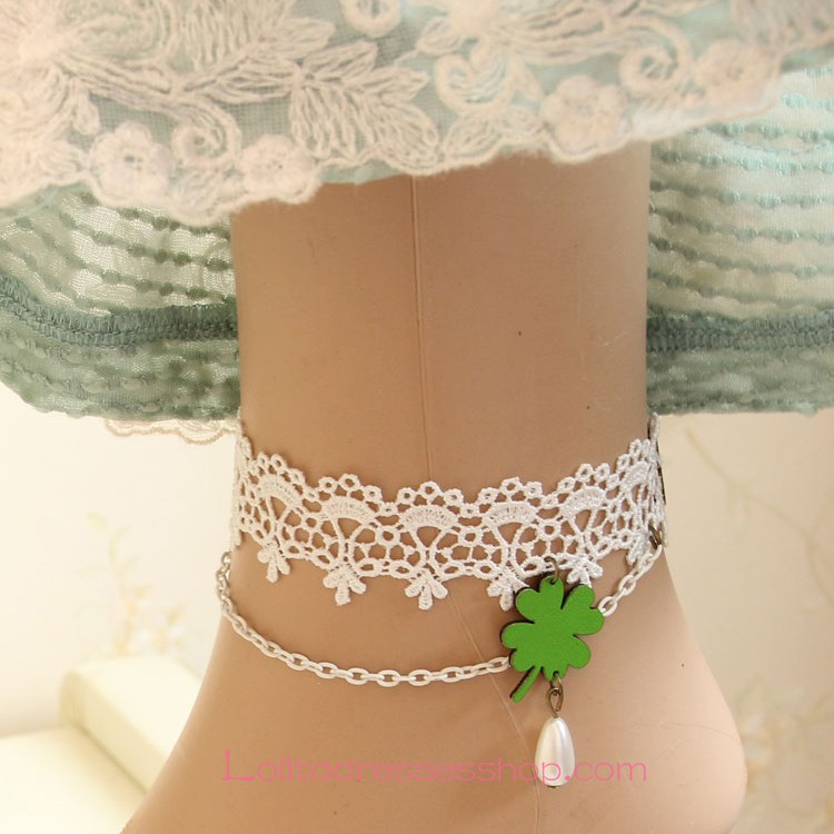 Lolita Clover Pearl Vintage White Lace Foot Jewelry