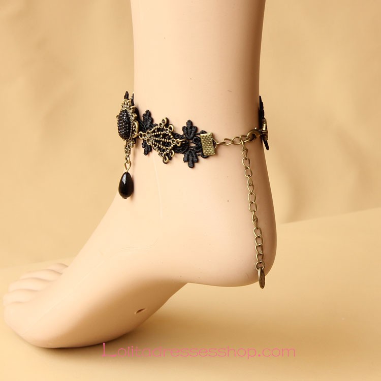 Lolita Sweet Black Retro Lace Pearl Gemstone Foot Jewelry