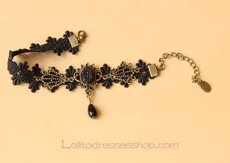 Lolita Sweet Black Retro Lace Pearl Gemstone Foot Jewelry