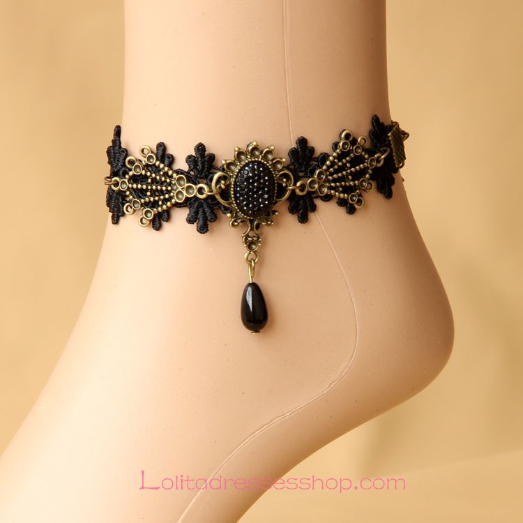 Lolita Sweet Black Retro Lace Pearl Gemstone Foot Jewelry