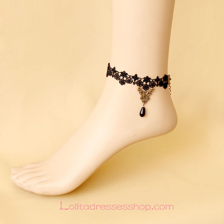 Lolita Black Vintage Lace Pearl Foot Jewelry