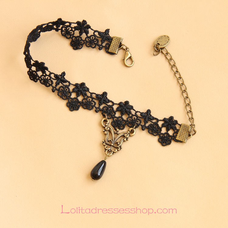 Lolita Black Vintage Lace Pearl Foot Jewelry