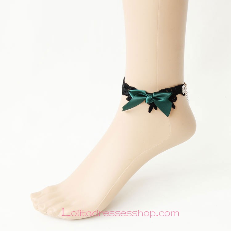 Lolita Dark Green Vintage Black Lace Bow Foot Jewelry