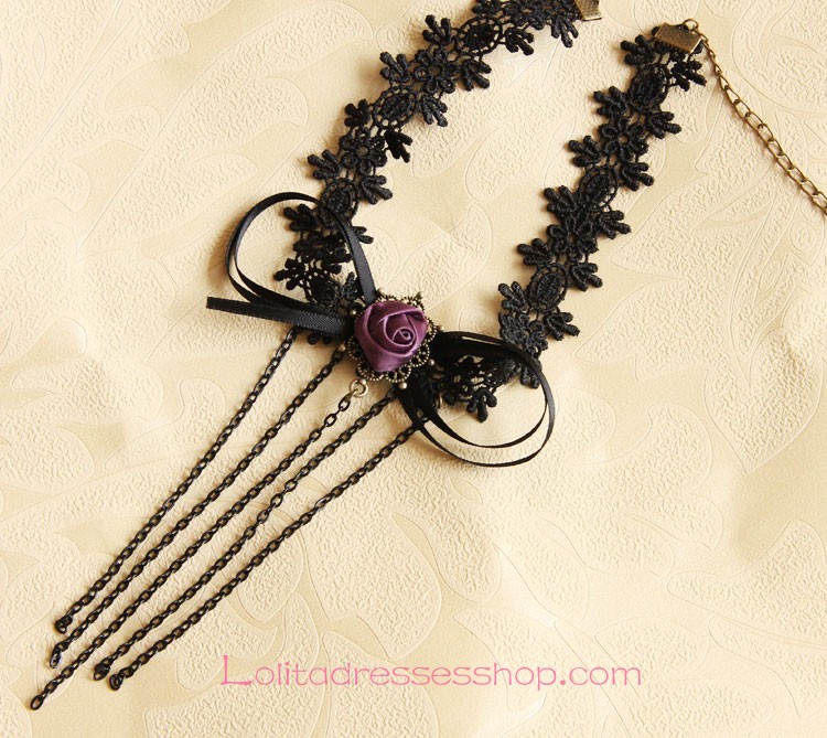 Lolita Gothic Style Tassel Bow Rose Necklace