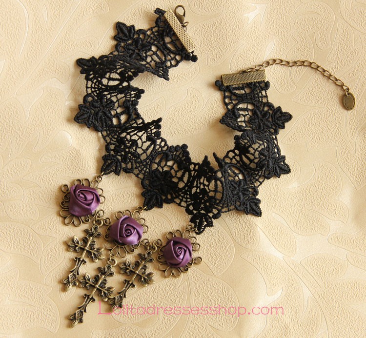 Lolita Black Lace Purple Rose Cross Necklace