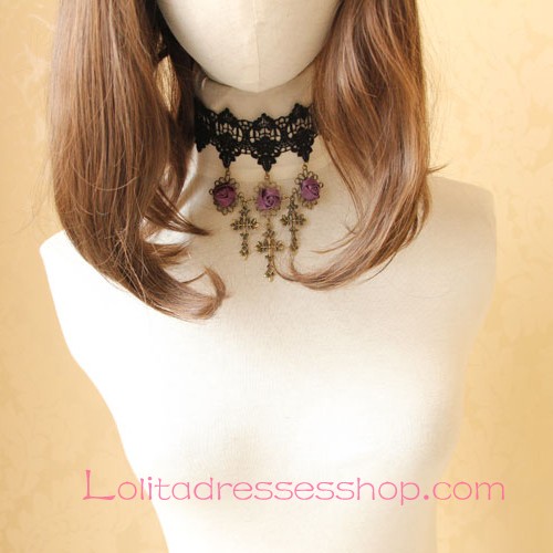 Lolita Black Lace Purple Rose Cross Necklace