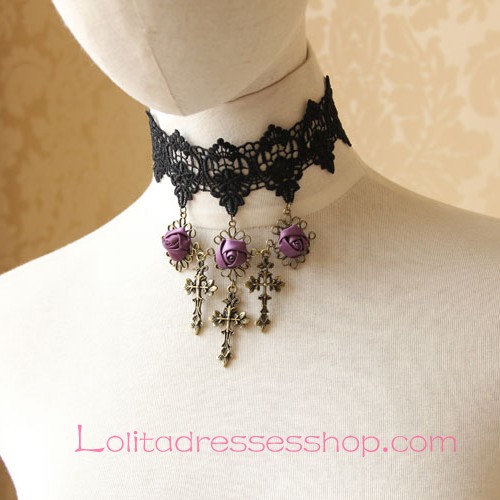 Lolita Black Lace Purple Rose Cross Necklace