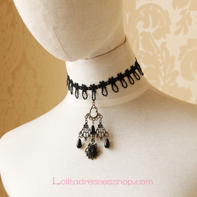 Lolita Fashion Sexy Black Lace Jewel Necklace