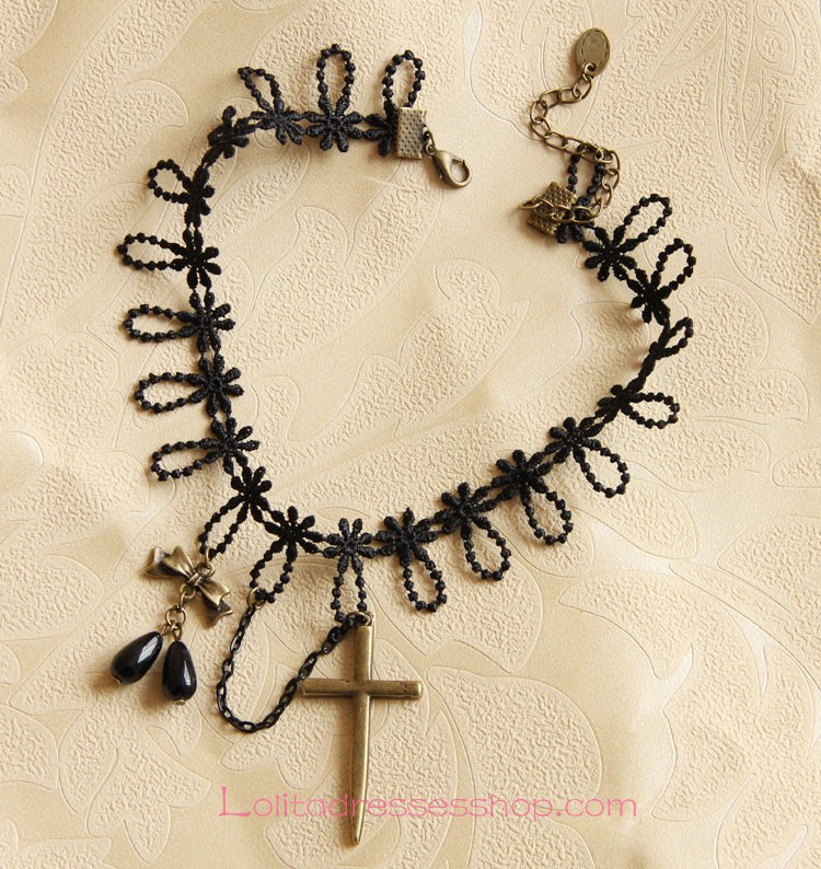 Lolita Cross Bow Lace Black Cherry Necklace