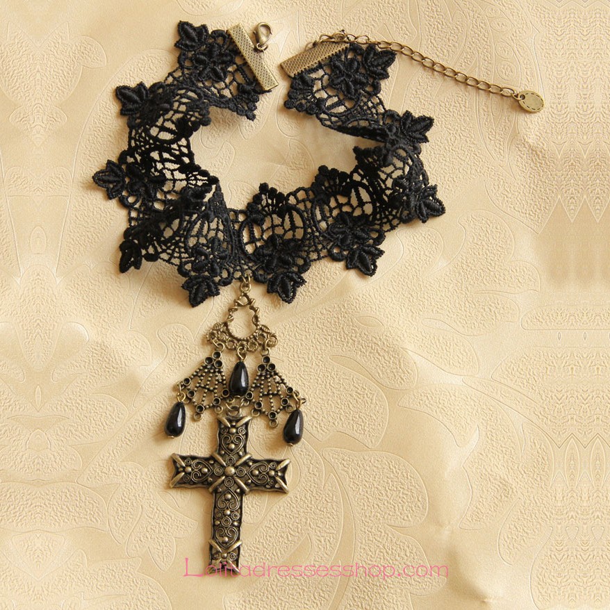 Lolita Cross Lace Black Cherry Necklace