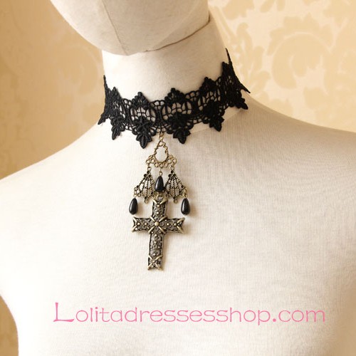 Lolita Cross Lace Black Cherry Necklace