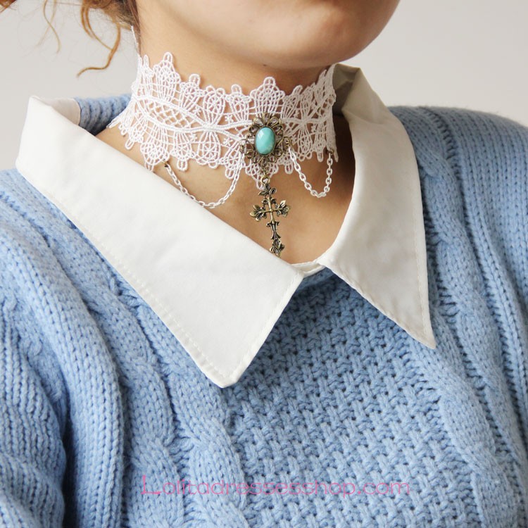 Lolita Retro Gem Cross White Lace Necklace