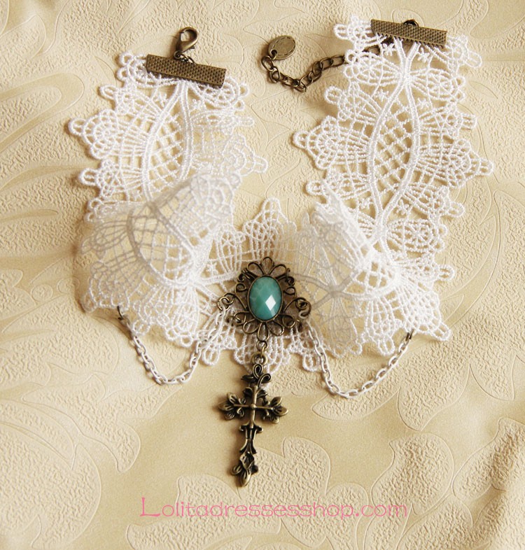 Lolita Retro Gem Cross White Lace Necklace